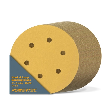 Powertec 150 Grit, 6 Inch 6 Hole Hook and Loop Sanding Discs for Random Orbital Sander, 100PK 45215G-50-P2